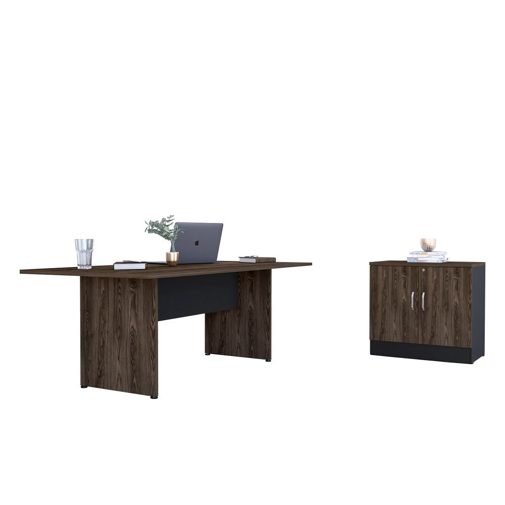 Mesa De Reunión M-200 + Archivador Home Office Color Negro Soft y Coñac Para Oficina